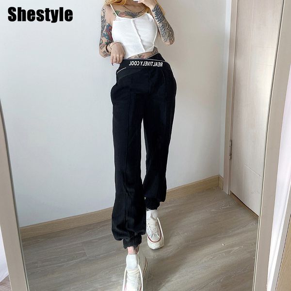 

shestyle women pants hip hop black 2021 streetwear casual loose high waist letter printed pockets jogger pants cool trousersby, Black;white