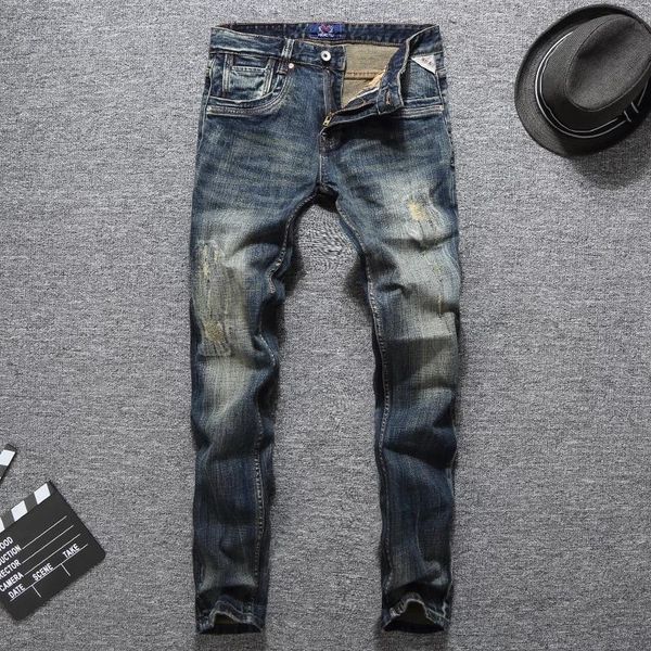 

italian style fashion men jeans retro black blue slim fit ripped streetwear vintage designer denim pants men's