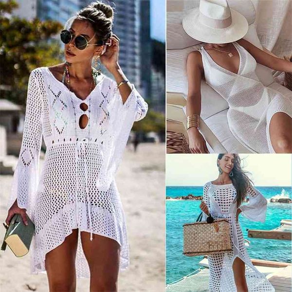 

cover up bikini women swimsuit cover-up beach bathing suit wear knitting swimwear mesh dress tunic robe 210722, White;black