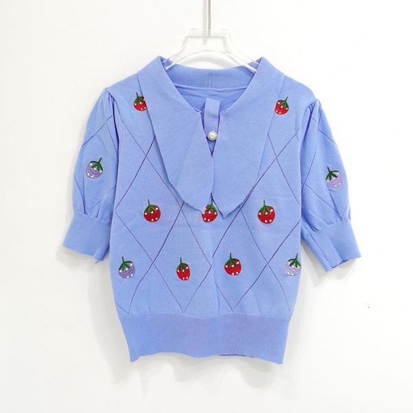 

women's knits & tees red net spring and summer tie small red collar strawberry short mesh sweater thin ladies women's clothes vlni, White