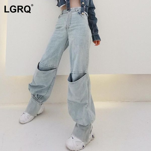 

women's jeans [lgrq] big pockets design streetwear high waist wide leg loose women trousers fashion tide spring autumn 2021 19d4741, Blue
