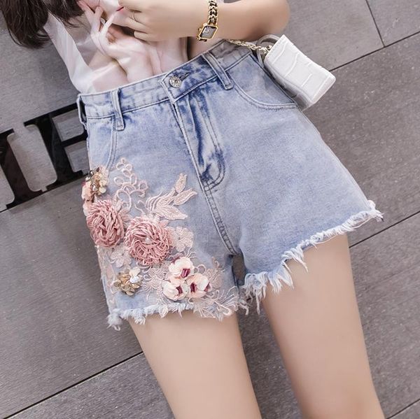 

women's jeans denim shorts 2021 summer style trend with holes beads flower embroidered slimming wide-leg pants short, Blue