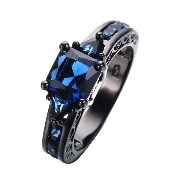 Anéis de casamento Moda Quadrado Azul Safira CZ para Mulheres Preto Banhado Ouro Birthstone Anel Jóias Acessório