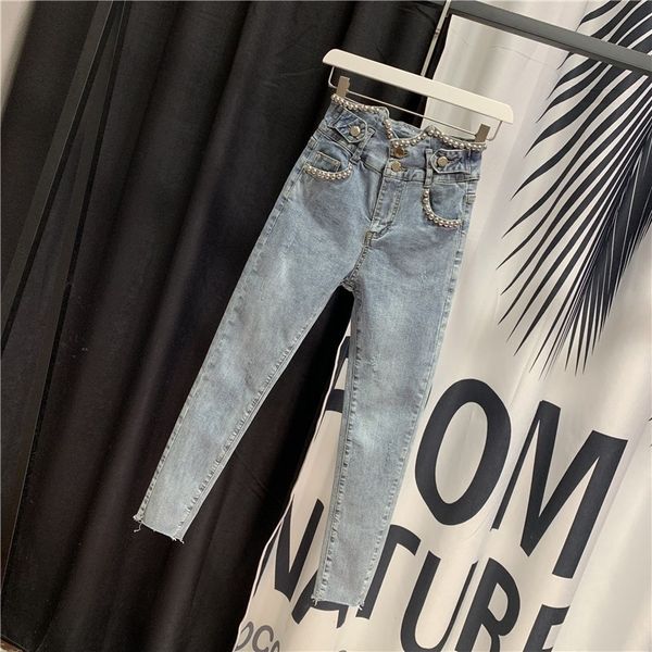 

women's jeans high-waist women's fine summer euro denim pencil pants fashion embroidery torn flares thin female adjustment ankle l, Blue