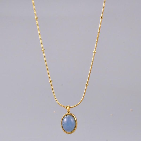 

pendant necklaces blue oval aquamarine necklace for women gold stainless steel bead chain 18k snake bone neck jewelry gift, Silver