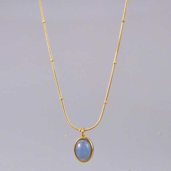 

pendant necklaces blue oval aquamarine necklace for women gold stainless steel bead chain 18k snake bone neck jewelry gift, Silver