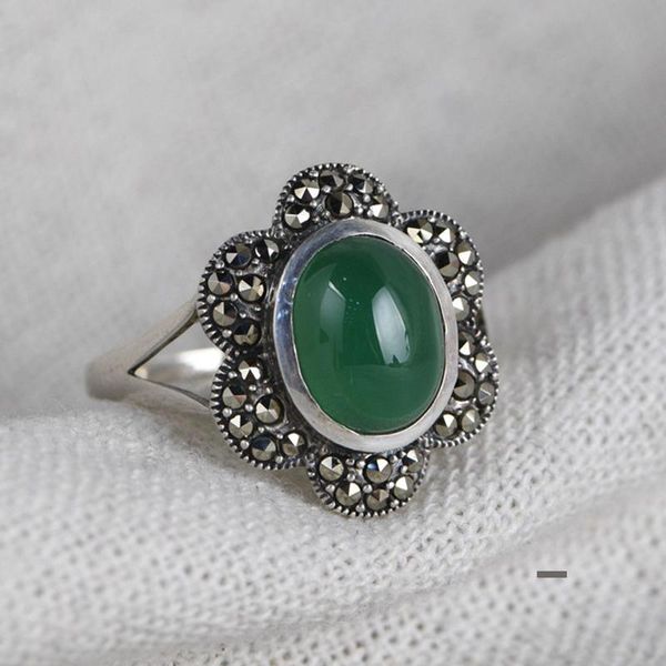 

cluster rings fnj 925 silver ring for women jewelry 100% original pure s925 sterling green agate stone marcasite, Golden;silver