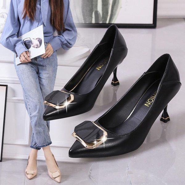 

shoes woman heels office ladies high women's pointed toe dress thin, Black