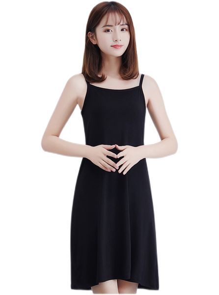 

plus size spaghetti strap solid color cotton modal fabric lady dress, Black;gray
