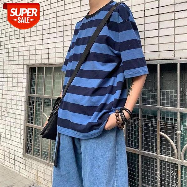 

hong kong style short-sleeved t-shirt male loose harajuku bf stream handsome wild striped five-point sleeve #ar6p, White;black