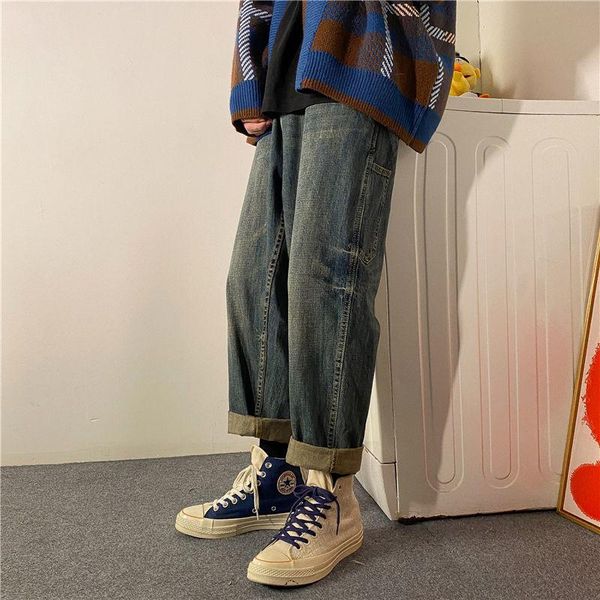 

men's jeans 2021 fashion straight pants baggy homme casual cargo pocket washed classic style biker denim trousers -2xl, Blue