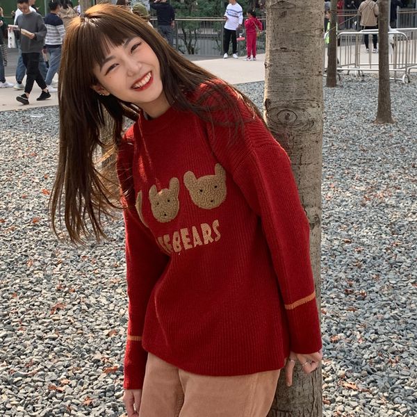 

3colors 2021 autumn winter women pullovers and sweaters korean style cartoon bear christmas knitted sweater female (c9911), White;black