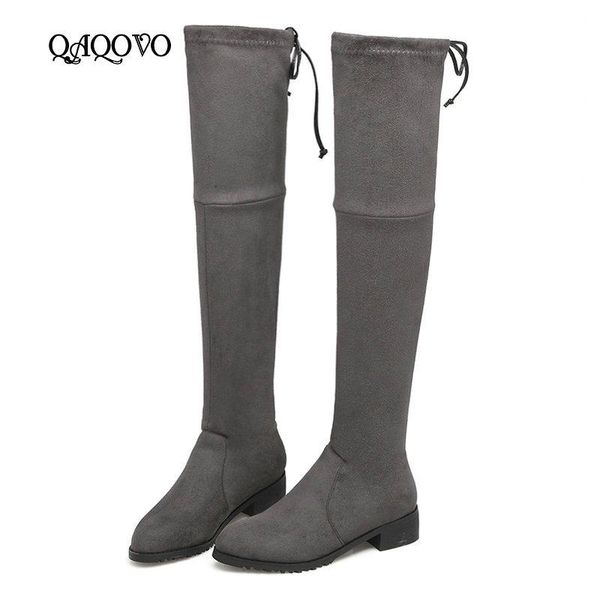 

boots 2021 winter over the knee women flock square flat heel thigh slip on autumn fashion long big size 43, Black