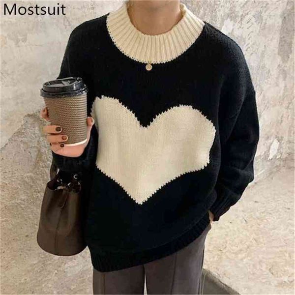 

heart knitted women sweater jumpers spring full sleeve o-neck loose fashion korean female basic pullovers femme 210513, Black