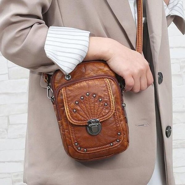 

new soft leather messenger bag women mobile phone bag rivet mortise lock black washed leather diagonal vertical lady bags mmm