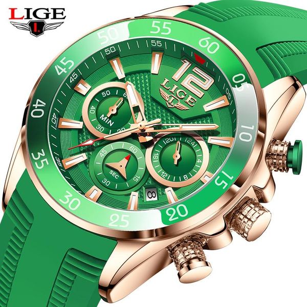 

wristwatches relojes hombre 2021 lige watches men chronograph sport waterproof silicone strap quartz watch male, Slivery;brown