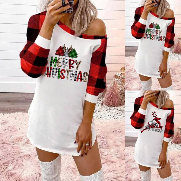 

casual dresses round neck stitching plaid long women's fashion merry christmas prints off-shoulder sleeves sweatshirts dress, Black;gray