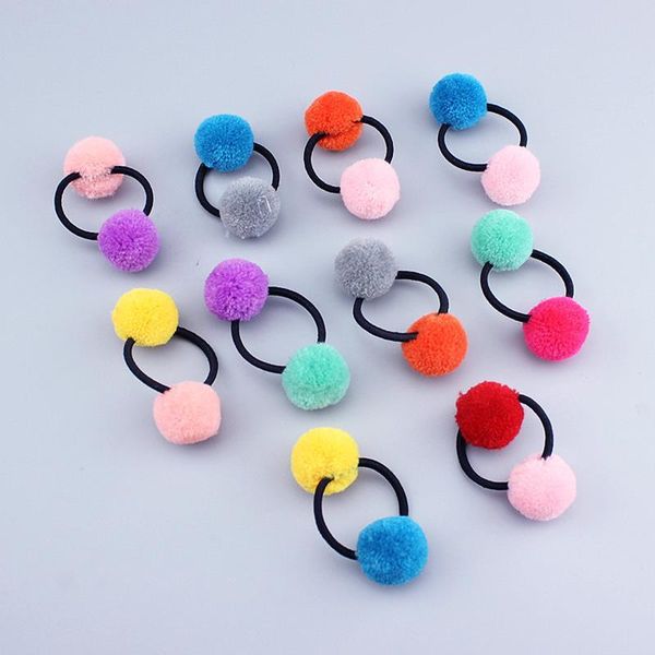 

hair accessories 1pc small solid double fur ball with elastic rope handmade band for kids girls, Slivery;white