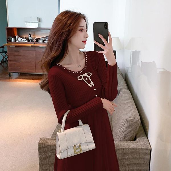 

casual dresses coigarsam fashion patchwork women dress french style knitting o-neck beading mesh red black apricot 2085, Black;gray