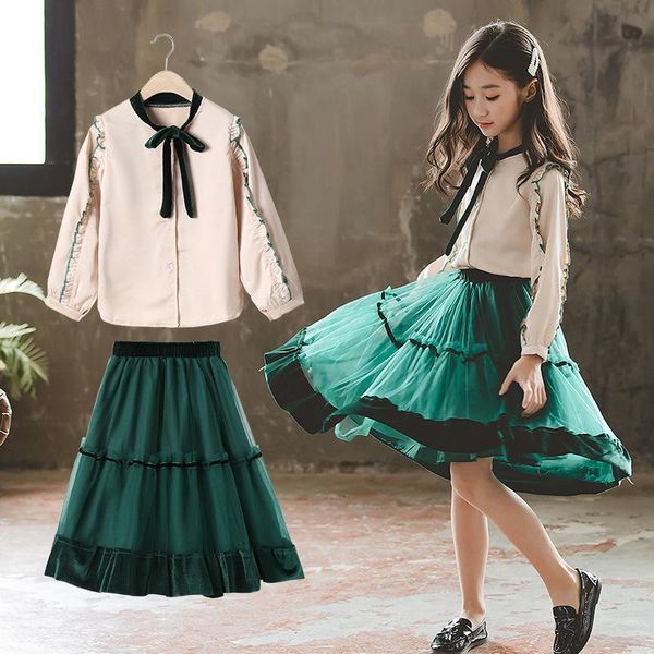 

clothing sets 2021 spring autumn girls short skirts two-piece bow single-breasted long-sleeved mesh suit childrens 7-16 years old, White