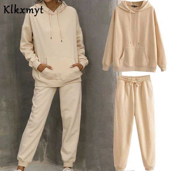

klkxmyt set womens autumn winter casual cotton thick warm hoodie sweatshirt and pants suit 2 pieces sets 210527, White