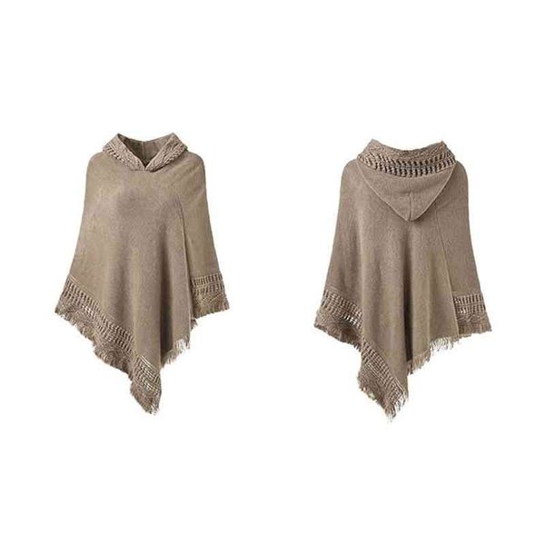 

women winter knit hooded poncho cape crochet fringed tassel shawl wrap sweater, Blue;gray