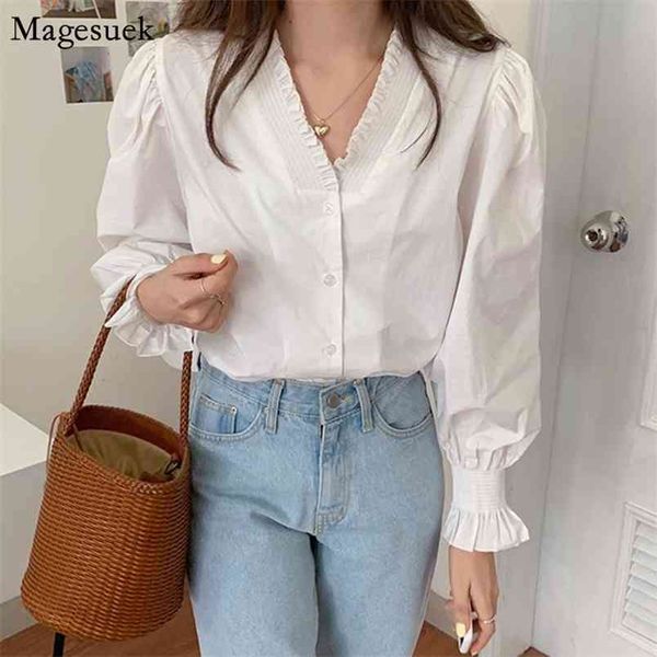 

pleated cotton white blouse women spring korean puff sleeve female shirt v-neck office lady loose blouses 13156 210512