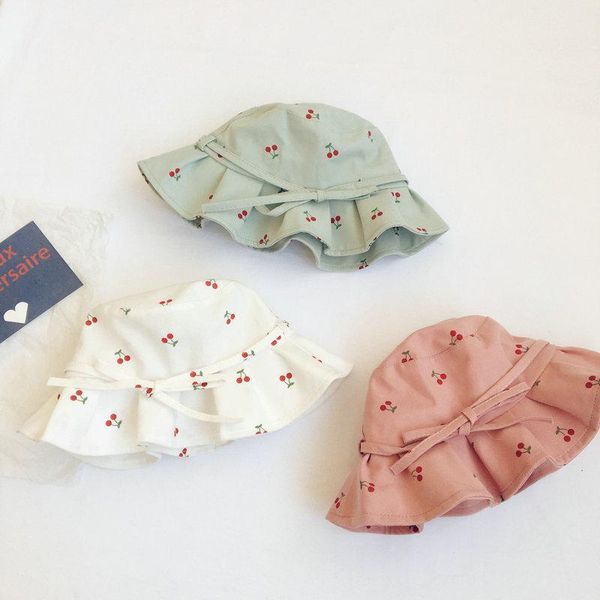 

summer baby girls bucket hat cute cherry fruit print bow wide brim panama hats soft cotton outdoor kids sun cap caps &, Yellow