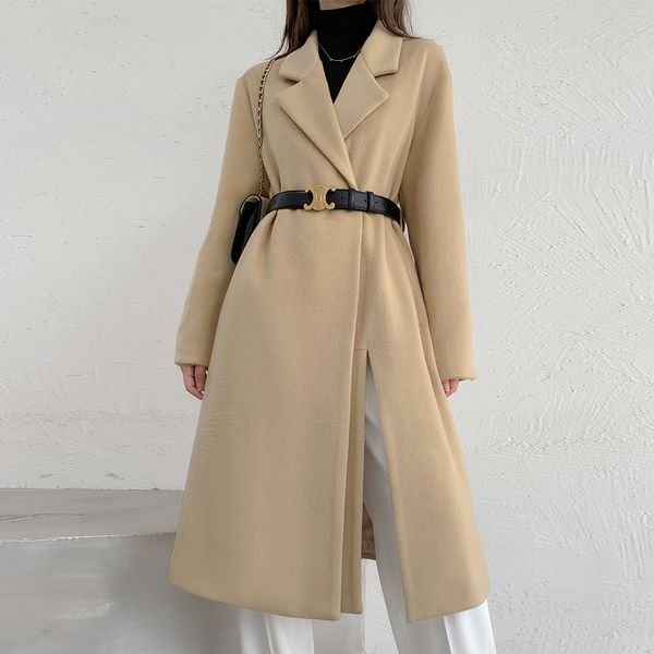 

blends elegant women's wool coat camel french fashion coats ladies'coats female winter outwear, Black