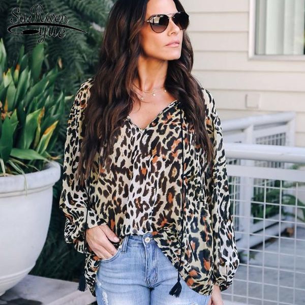 Primavera estilo de moda mulheres top e chiffon blusa padrão de leopardo camisa sexy senhora v-pescoço manga comprida 2668 50 210521