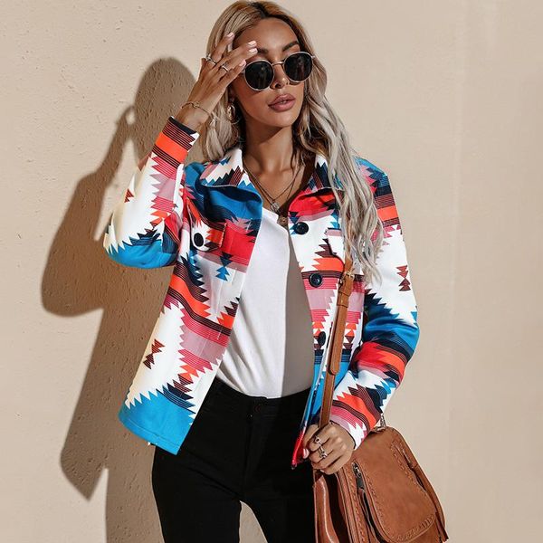 

women's jackets puloru women geometric coats autumn spring casual long sleeve turn-down collar button-down fashion lady outerwear, Black;brown