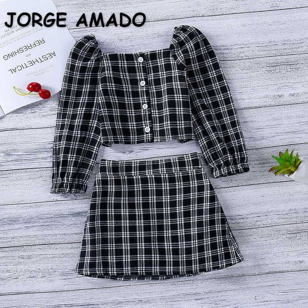 

summer kids girl 2-pcs sets black plaid short shirts + elastic waist skirt casual style children clothes outfits e221 210610, White