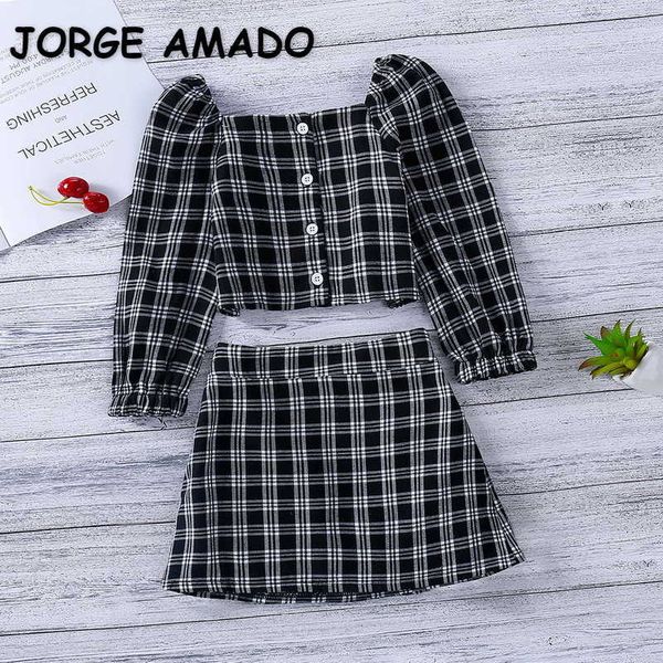 Sommer Kinder Mädchen 2-tlg Sets Schwarz Plaid Kurze Hemden + Elastische Taille Rock Casual Stil Kinder Kleidung Outfits E221 210610