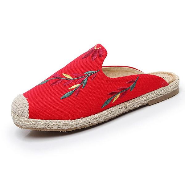 

slippers embroidered leaf half women beach shoes rope straw-woven fisherman shoes, flat-soled muller mules, Black