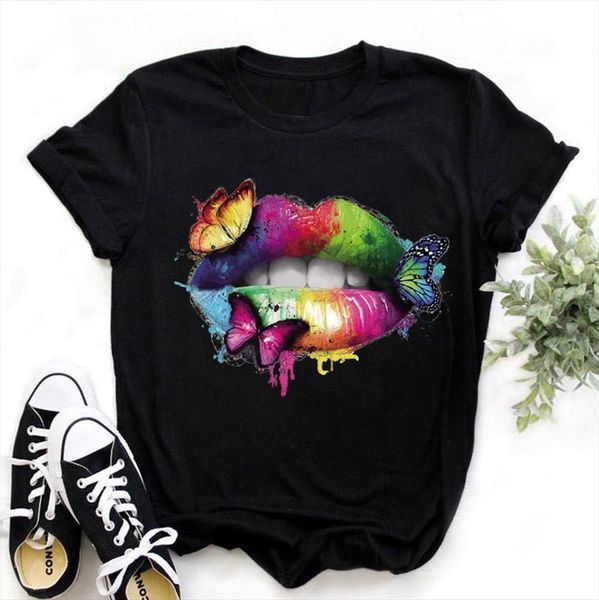 

zogankin men plus size harajuku mens t shirts black summer fashion graphic tees rainbow lips print kawaii girls clothes, White;black