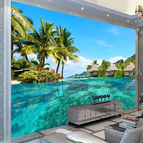 

Custom 3D Photo Wallpaper HD Maldives Sea Beach Natural Landscape Living Room TV Background Mural, Green