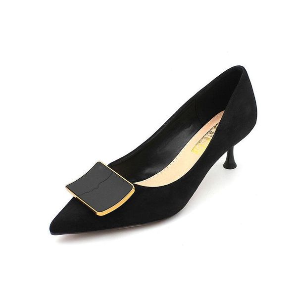 

dress shoes 2021 women woman pumps pointed toe slip on shallow ladies metal square buckle thin high heels casual, Black