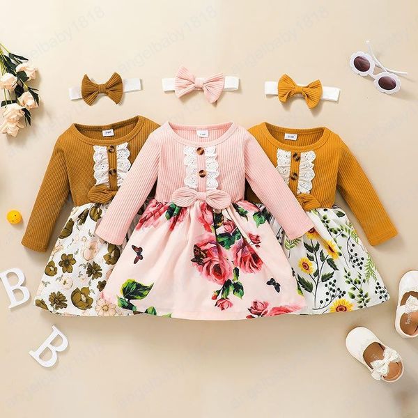 

kids clothes girls floral dress children flower print princess dresses with bow headband fashion spring autumn baby clothing, Red;yellow