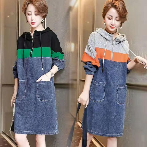 

casual dresses patchwork denim dress women hooded zipper robes pockets jeans loose spring fall pullover clothing outerwear, Black;gray