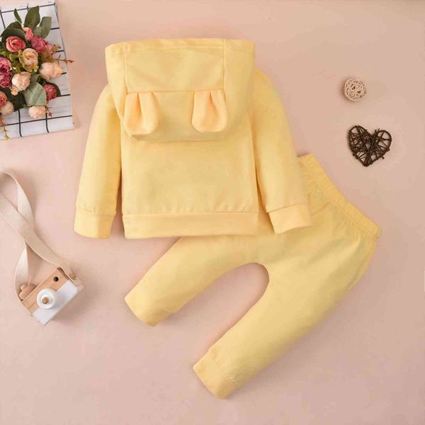 

autumn solid infant baby girls boys trousers suit hooded v neck long sleeve cartoon ear pants spring set, White