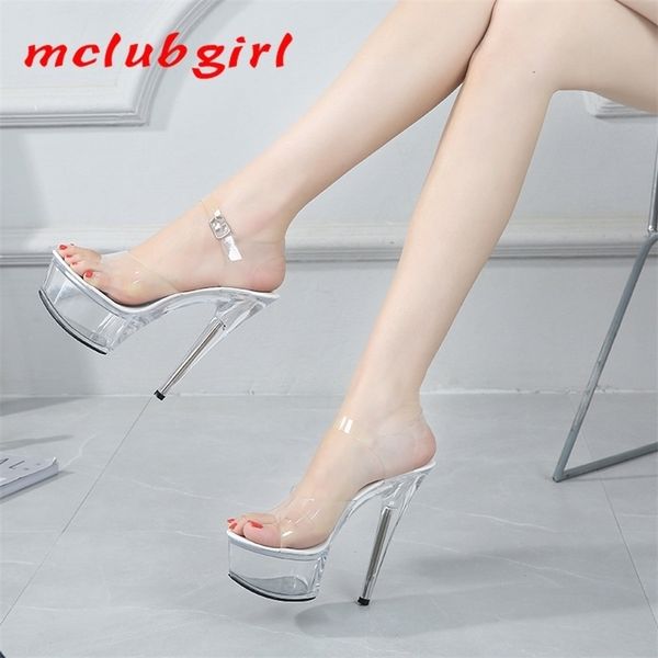 

mclubgirl 34-43 summer super high heels 15cm stiletto waterproof platform sandals transparent crystal wedding shoes lfd 220308, Black