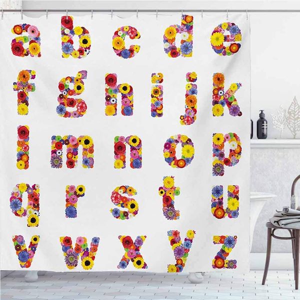 

letters modern luxury shower curtain for bathroom floral alphabet with blooming letters sunflower cornflower dahlia rainbow