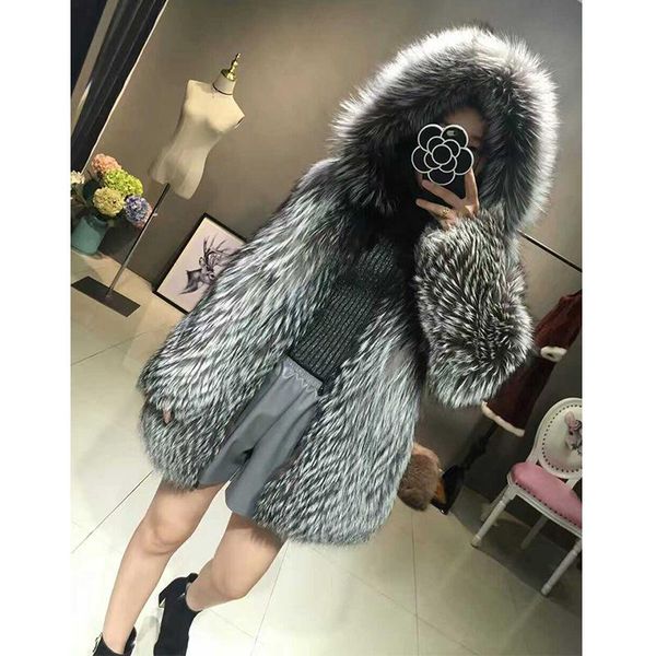 

women's fur & faux fursarcar natural real silve coats with hood thick warm female jacket fashion luxury winter women outerwear, Black