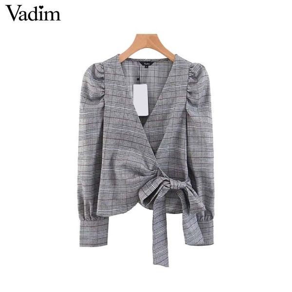 

women's blouses & shirts vadim women cross v neck plaid wrap blouse bow tie long sleeve pleated short style female casual chic blusas, White