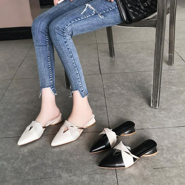 

slippers pu leather low heel women pointed toe mules shoes summer sandals fashion black beige 2021