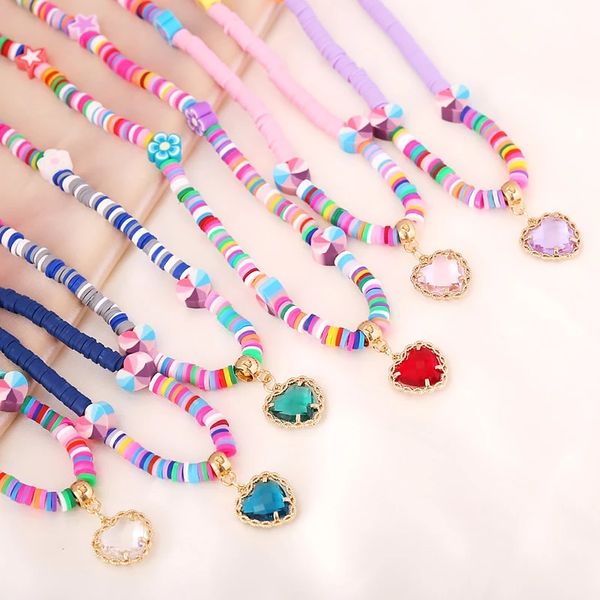 

polymer clay necklace soft pottery choker necklace colorful beads collar handmade crystal heart pendants femme jewelry gifts, Golden;silver