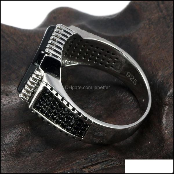 Solitaire anéis anéis jóias genuíno sólido 925 sier sier turco para homens preto com pedra quadrado natural onyx vintage macho anelli y1119