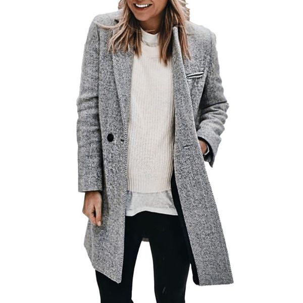 

women's wool & blends elegant women long sleeve coat button turn-down collar basic mid-length jacket pockets winter solid office lady c, Black