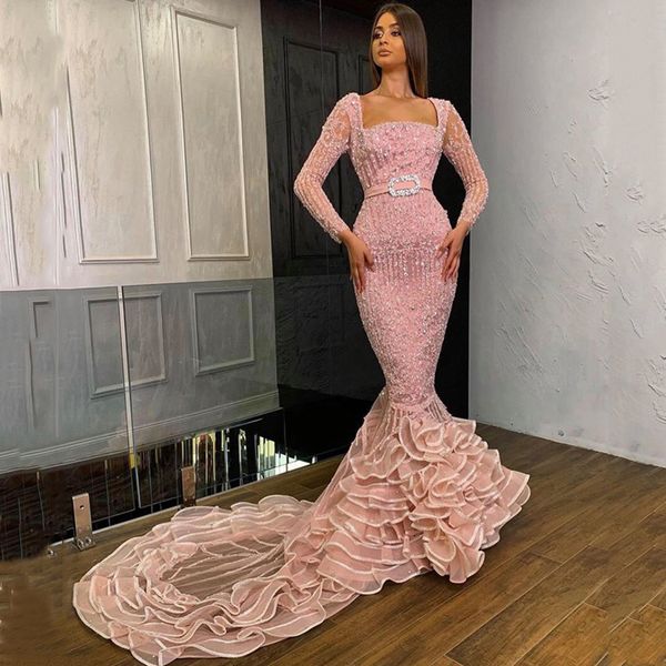 

square neck long sleeves beaded crystal mermaid evening dresses court train full formal prom gowns special occasion, Black;red