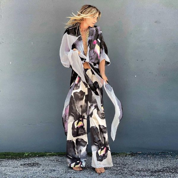 

cover up beach swimsuit women printed chiffon fashion kimono long outwear shawl loose v-neck ups for women's swimwear, White;black